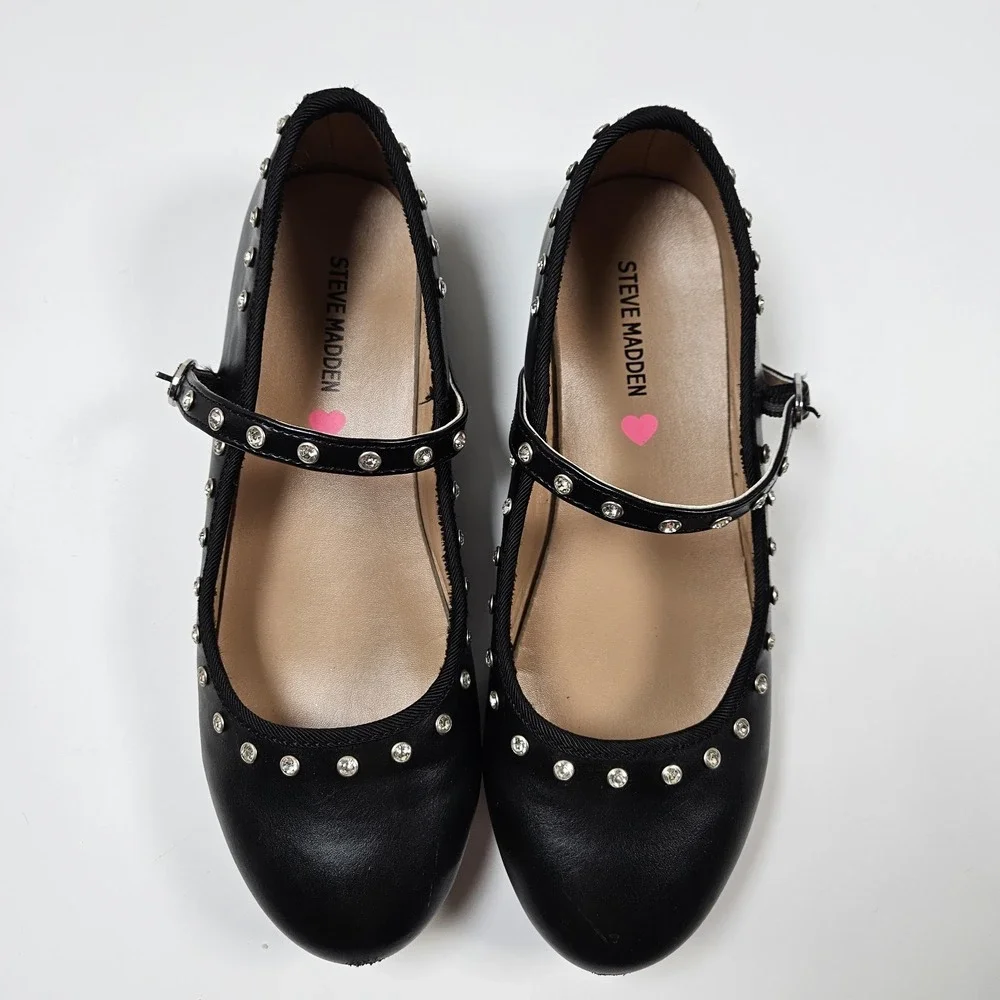 Steve Madden Kids Black Rhinestone Mary Jane Flats Dress Shoes Size Youth 5